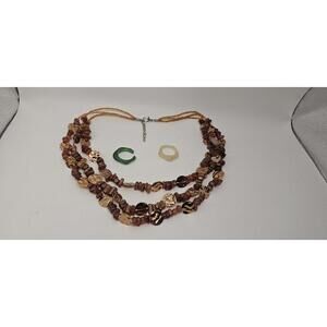 Boho Brown Gold Tone 3-Strand Necklace Glass Stone Beaded and Rings